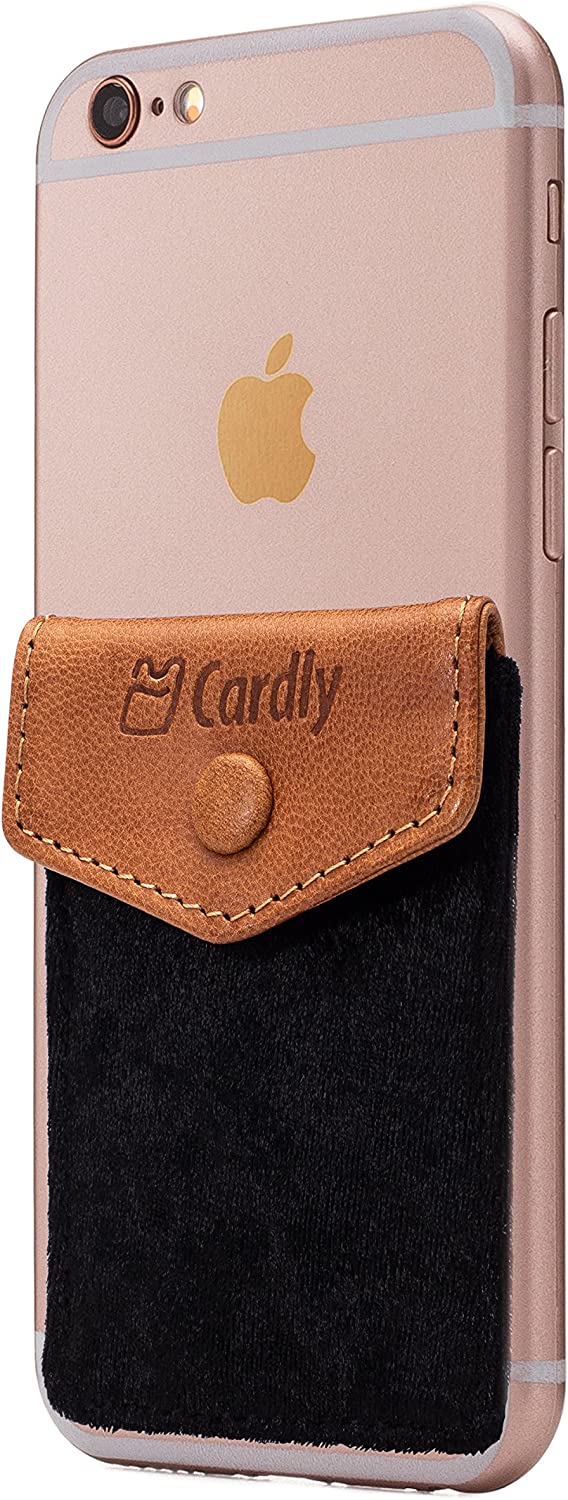 Button Secure Cell Phone Stick On Wallet Card Holder Phone Pocket for iPhone, Android and All Smartphones. (Black Felt)
