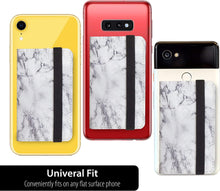 Cell Phone Card Holder Stick on Wallet Phone Pocket for iPhone, Android and All Smartphones with Strap (White Marble)