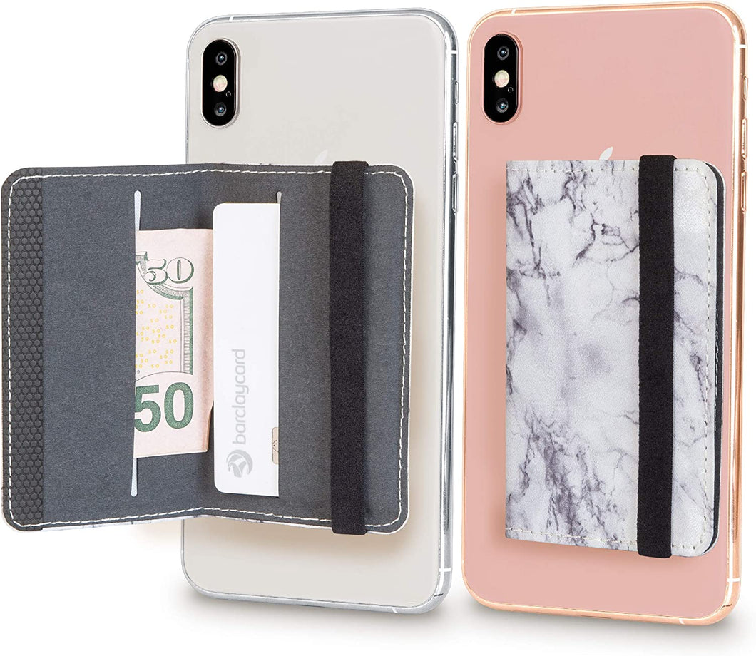 Cell Phone Card Holder Stick on Wallet Phone Pocket for iPhone, Android and All Smartphones with Strap (White Marble)