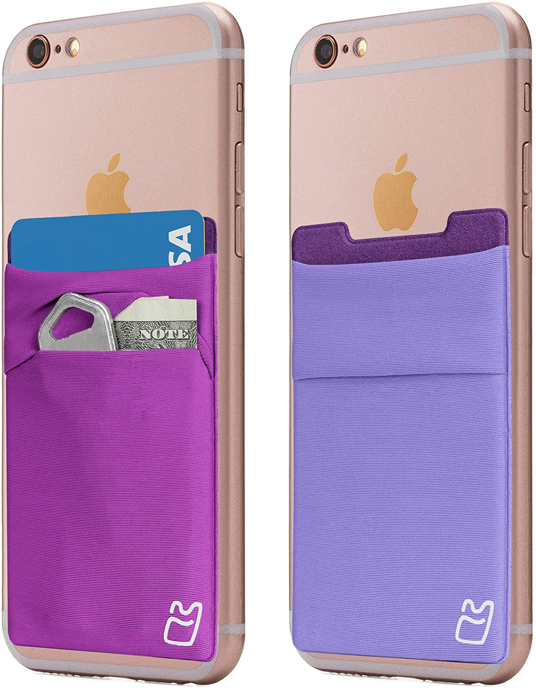 (Two) Stretchy Cell Phone Stick on Wallet Card Holder Phone Pocket for iPhone, Android and All Smartphones - Purples