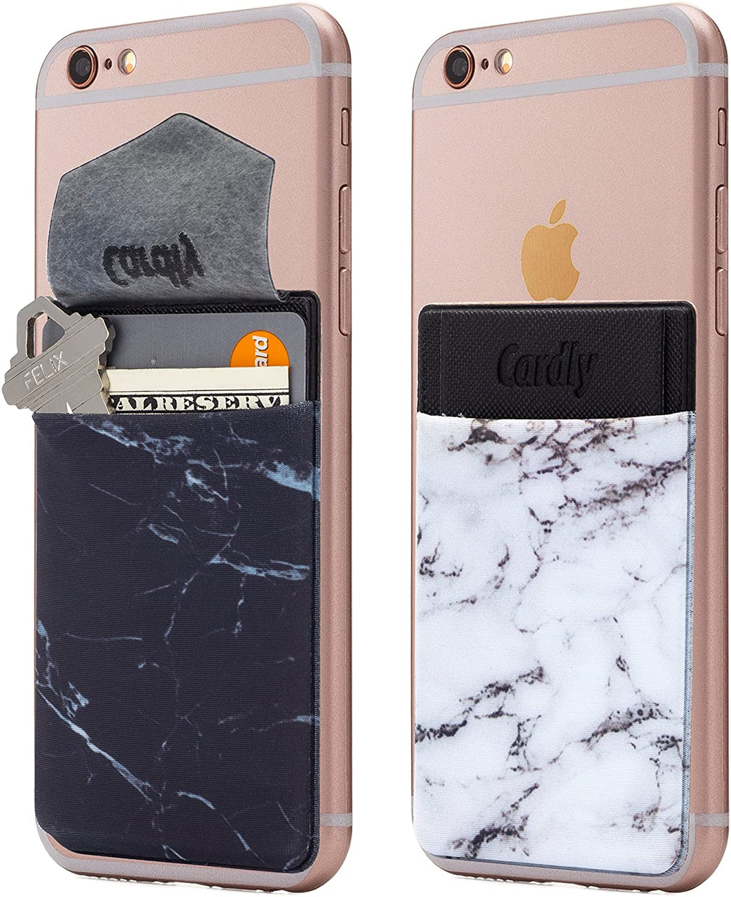 (Two) Secure Marble Cell Phone Stick On Wallet Card Holder Phone Pocket for iPhone, Android and All Smartphones. (Black and White)
