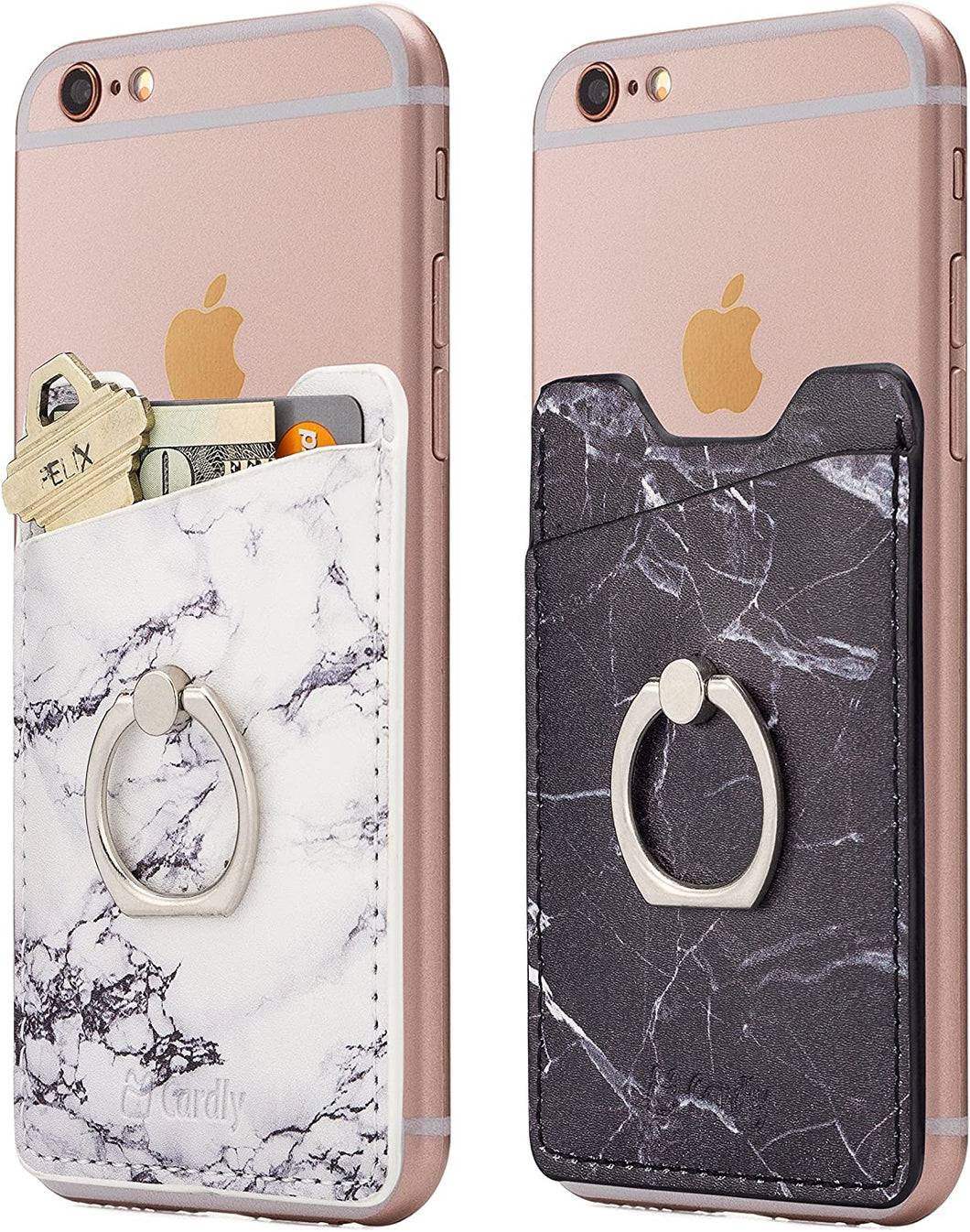Cardly (Two) Finger Ring and Cell Phone Stick on Wallet Card Holder Phone Pocket for iPhone, Android and All Smartphones. (White & Black)