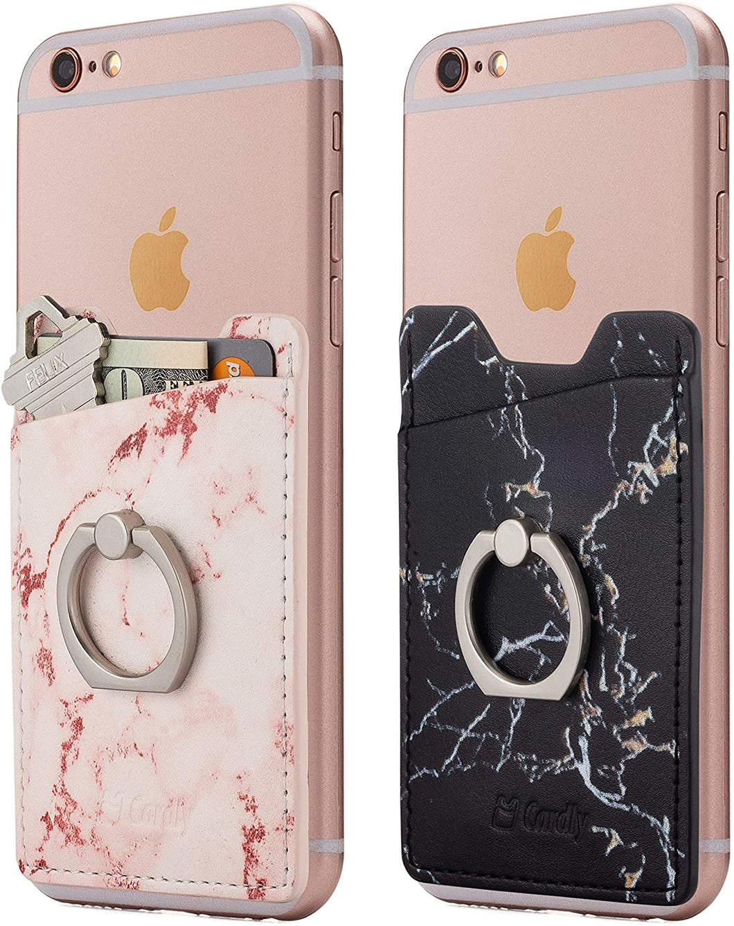 Cardly (Two) Finger Ring and Cell Phone Stick on Wallet Card Holder Phone Pocket for iPhone, Android and All Smartphones. (Pink & Black)