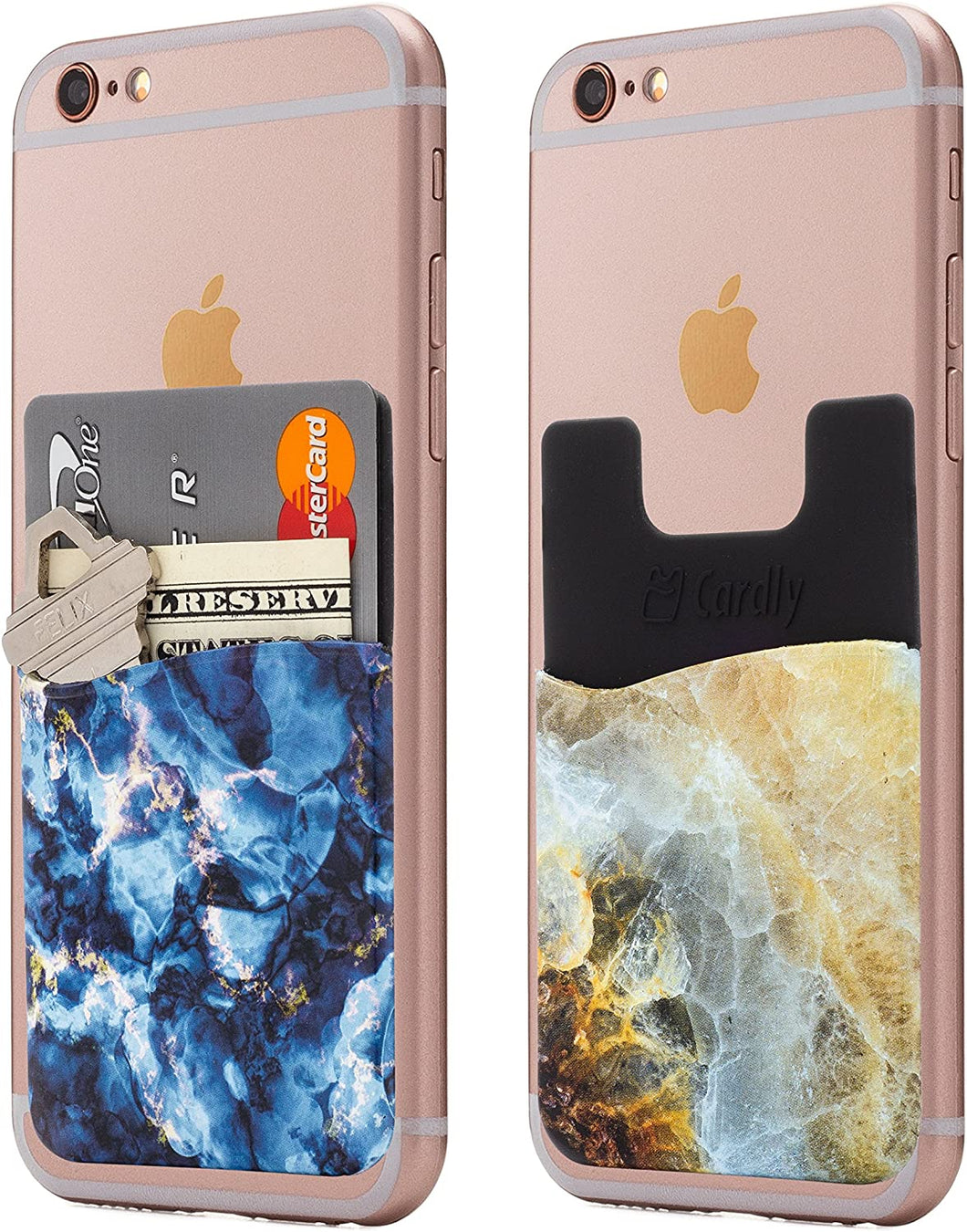 (Two) Marble Cell Phone Stick on Wallet Card Holder Phone Pocket for iPhone, Android and All Smartphones (Blue)