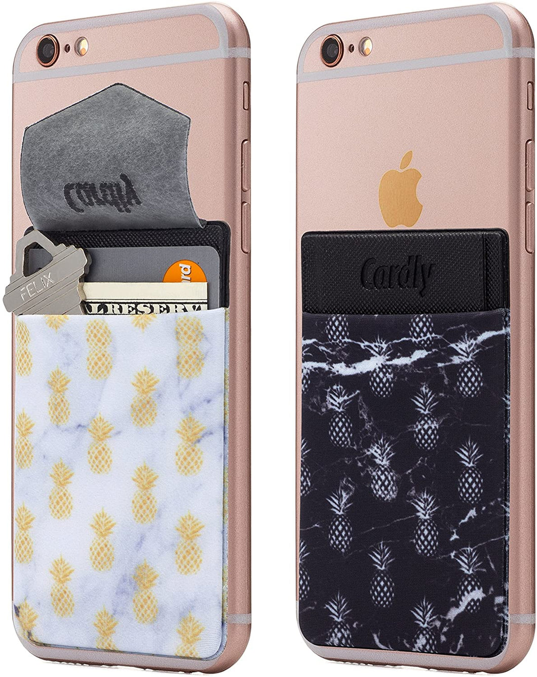 (Two) Secure Cell Phone Stick On Wallet Card Holder Phone Pocket for iPhone, Android and All Smartphones. (Marble Pineapple)