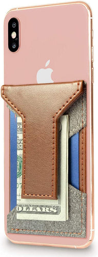 Leather Design Cell Phone Stick on Wallet Card Holder Phone Pocket for iPhone, Android and All Smartphones. (Brown/Gray)