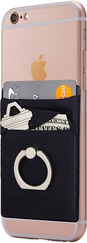 Stretchy Cell Phone Stick On Wallet Card Holder Phone Pocket with Finger Ring for iPhone, Android and All Smartphones. (Black)
