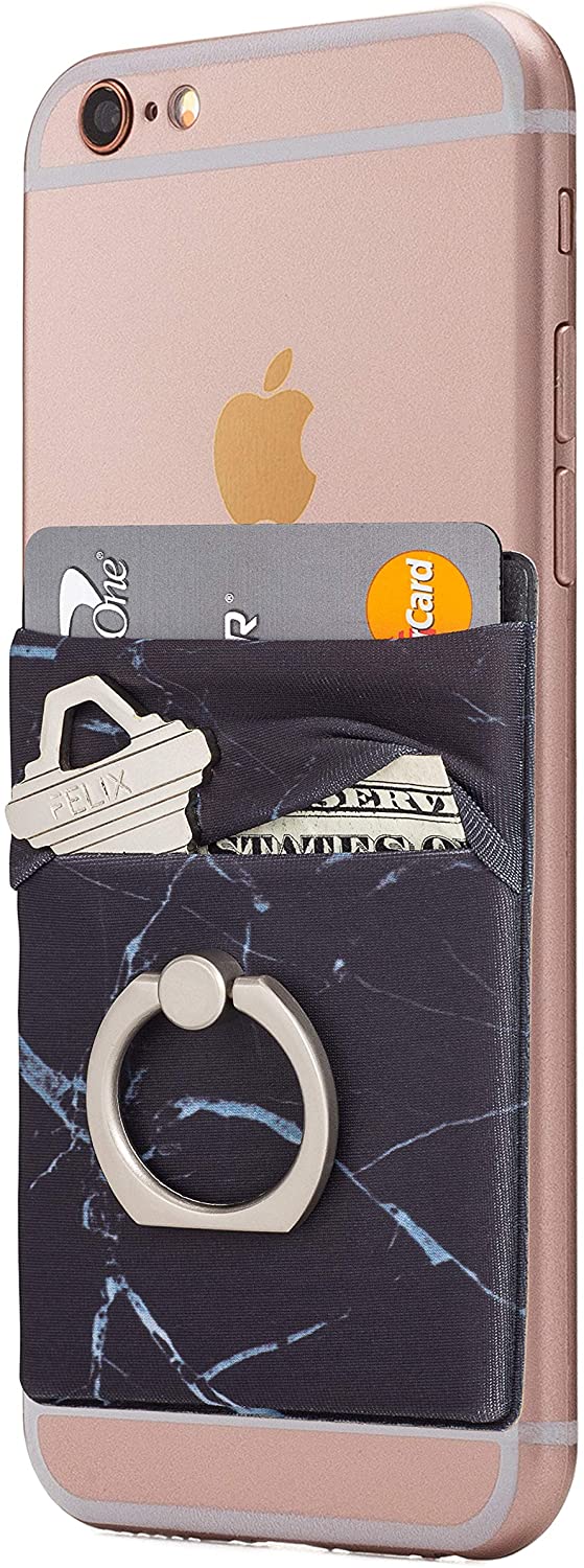 Stretchy Cell Phone Stick On Wallet Card Holder Phone Pocket with Finger Ring for iPhone, Android and All Smartphones. (Black Marble)