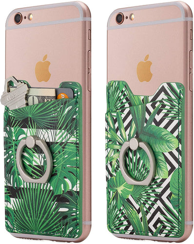 Cardly (Two Finger Ring and Cell Phone Stick on Wallet Card Holder Phone Pocket for iPhone, Android and All Smartphones. (Patterned Leaves)