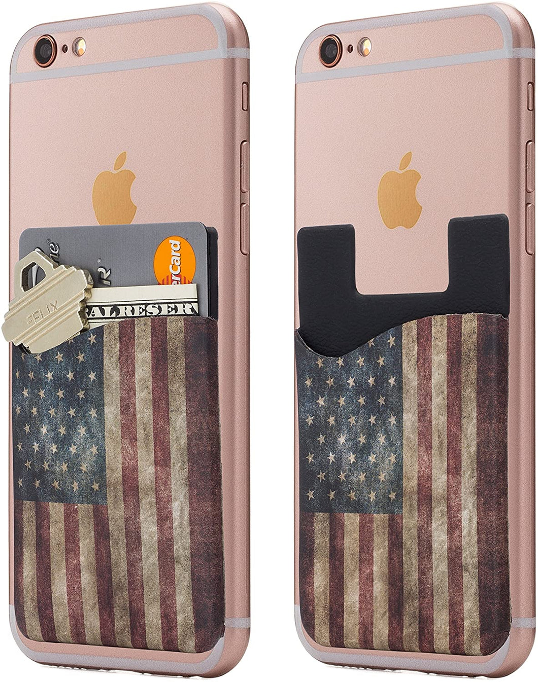 (Two) Dark American Flag Cell Phone Stick on Wallet Card Holder Phone Pocket for iPhone, Android and All Smartphones