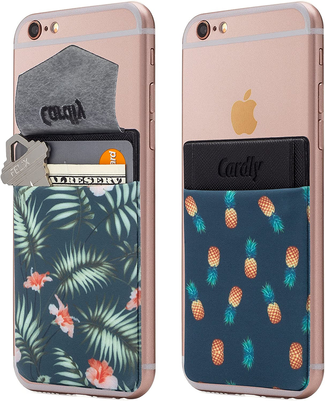 (Two) Secure Cell Phone Stick On Wallet Card Holder Phone Pocket for iPhone, Android and All Smartphones. (Tropical)